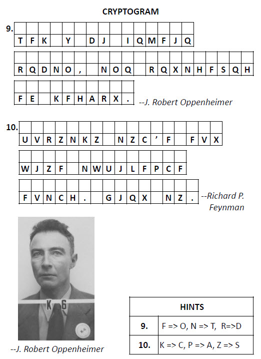 Sample Cryptogram puzzles with quotes from Oppie and Feynman